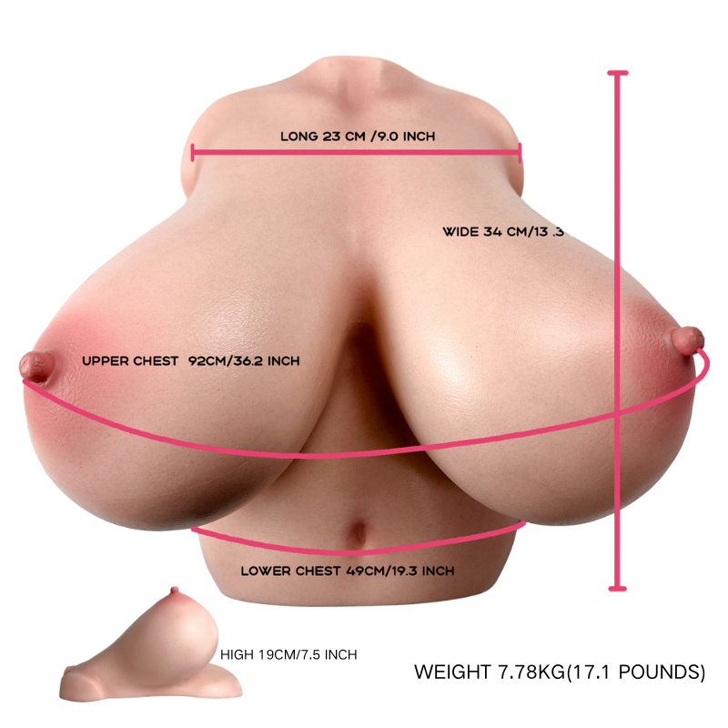 Realistic female torso with detailed curves, soft skin texture, and natural coloring, shown with measurements for size reference.