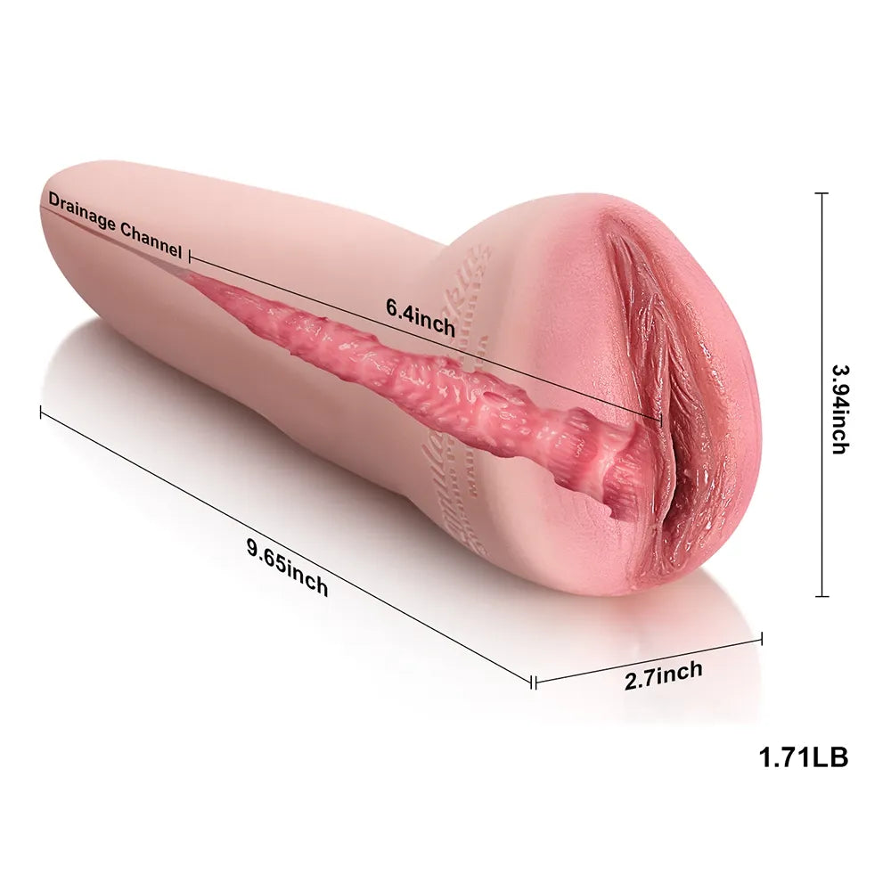 Realistic pink male masturbator with textured interior, 9.65-inch length, drainage channel, and detailed labia design