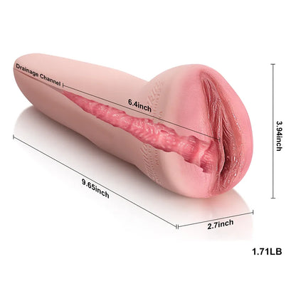 Realistic pink male masturbator with textured interior, 9.65-inch length, drainage channel, and detailed labia design