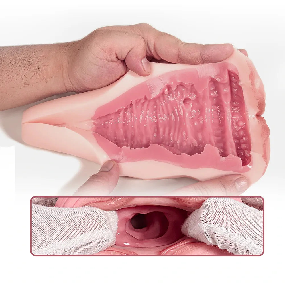Realistic pink silicone male masturbator with textured interior and soft outer skin, shown with close-up view