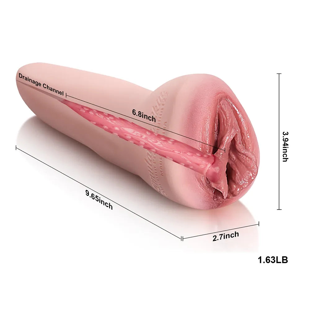 Realistic pink male masturbator with textured interior, 9.65-inch length, 3.94-inch width, drainage channel, soft silicone feel