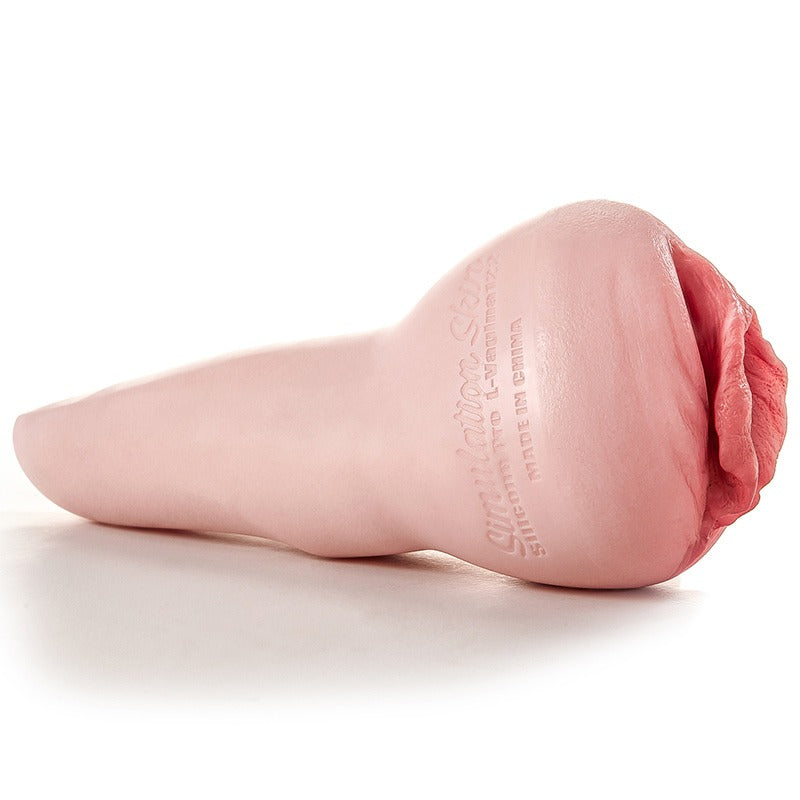 Realistic pink silicone male masturbator with textured vaginal opening and embossed branding