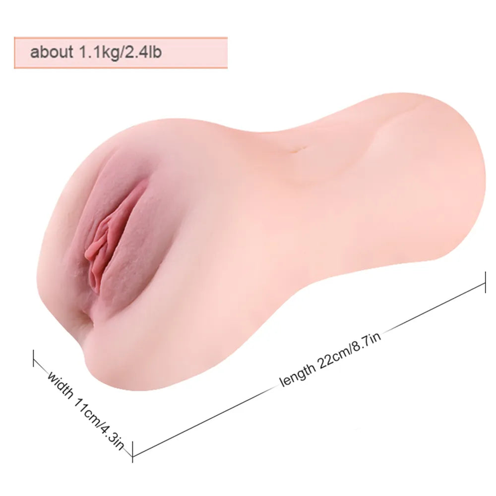 Realistic flesh-toned male masturbator with detailed labia, 22cm length, soft silicone texture, weighs 1.1kg