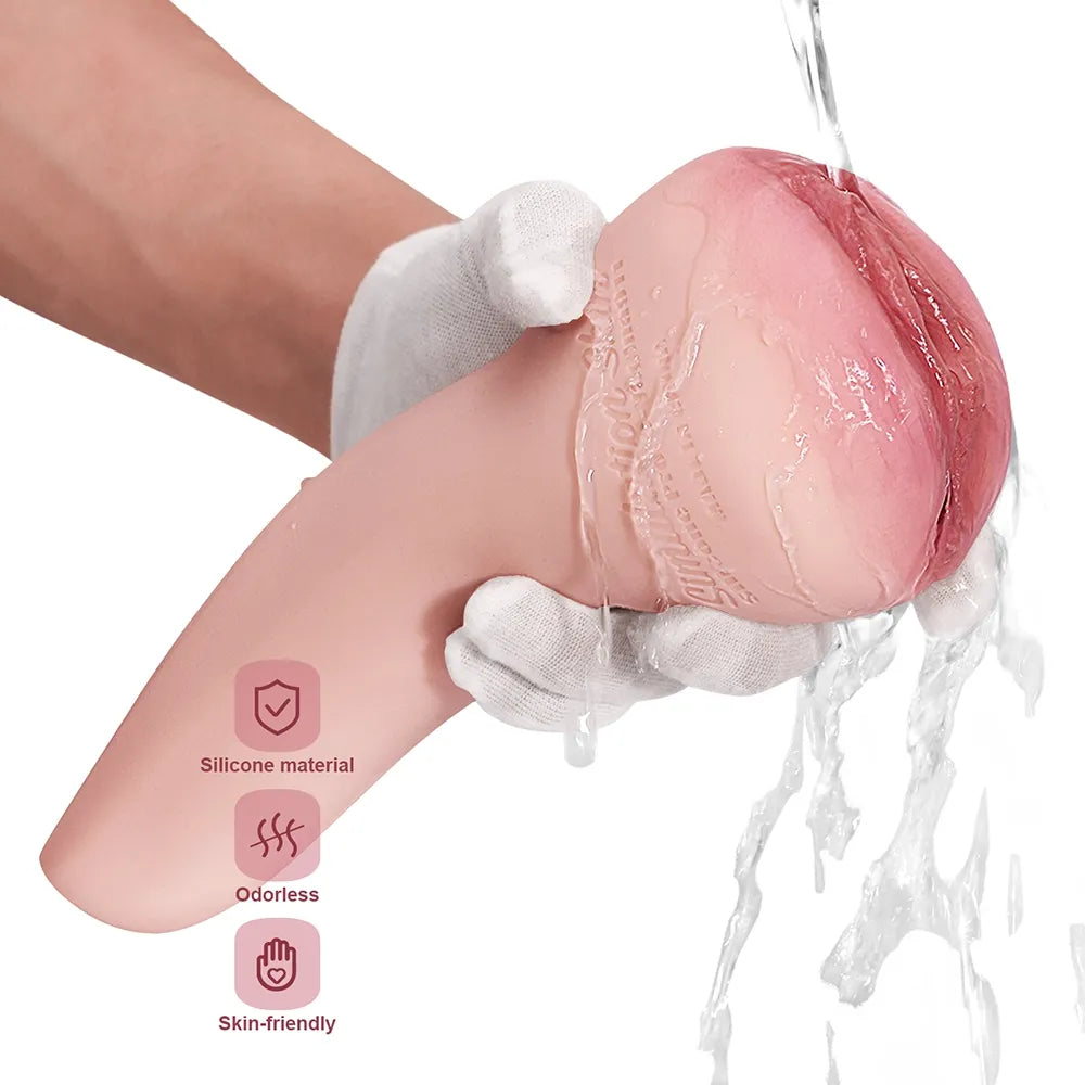 Realistic silicone male masturbator with natural skin texture, being rinsed under water, odorless and skin-friendly