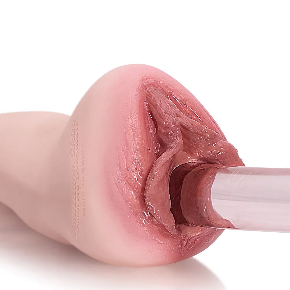 Realistic pink silicone male masturbator with detailed vaginal texture and translucent inner tunnel
