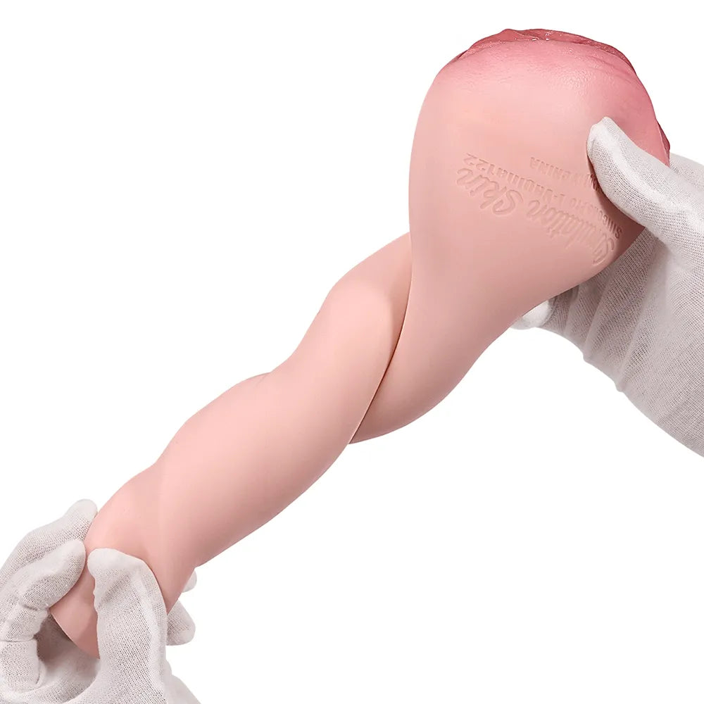 Realistic flesh-toned male masturbator with soft silicone texture, held by gloved hands showing flexible design