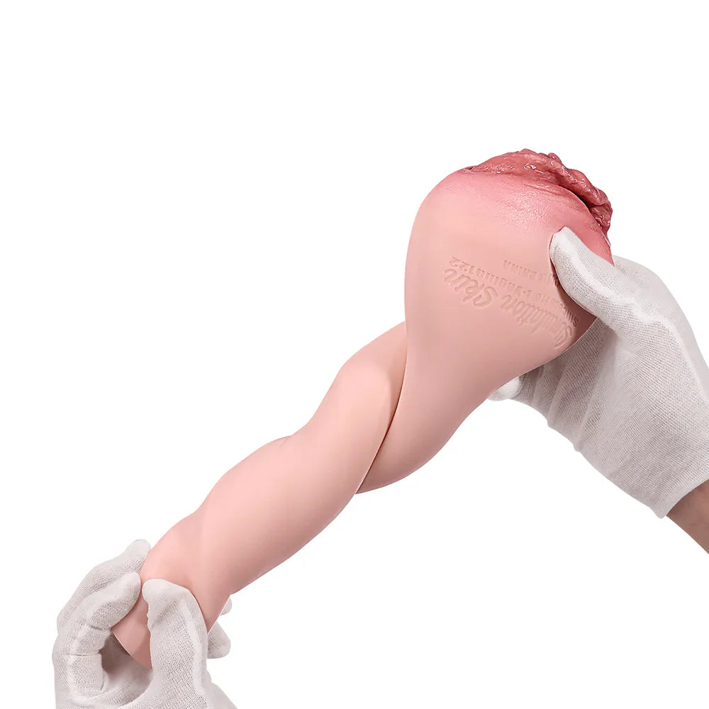Realistic flesh-toned male masturbator with detailed vaginal opening, held by gloved hands showing flexible silicone texture