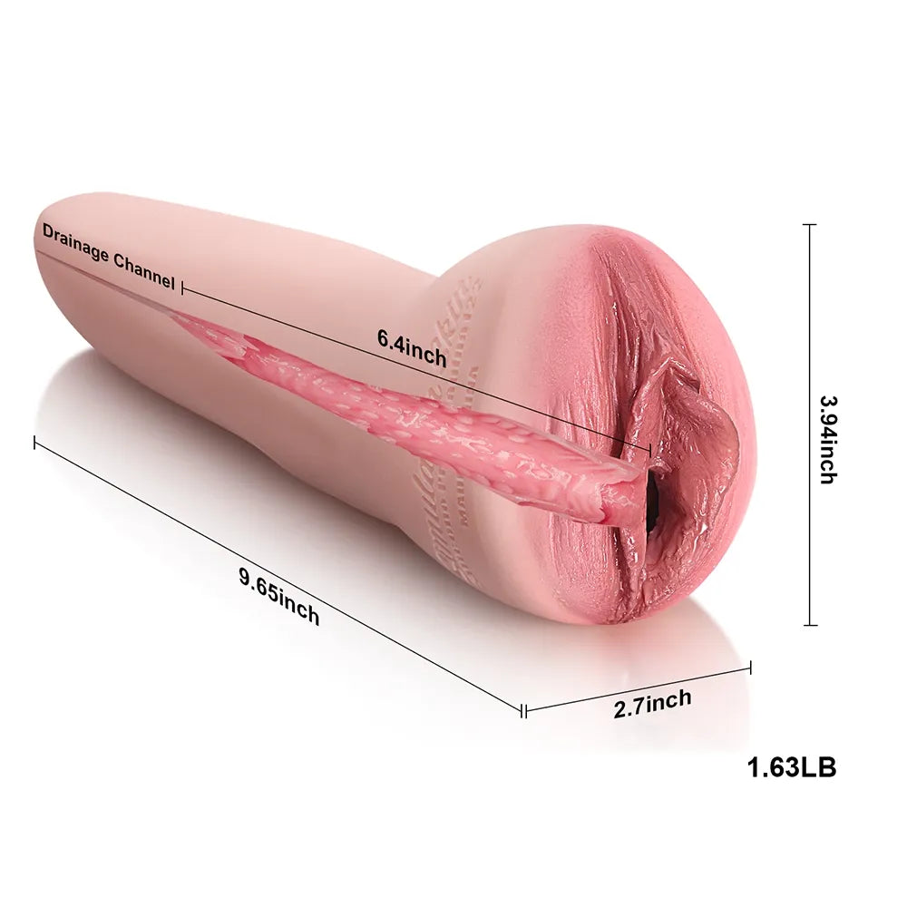 Realistic pink male masturbator with textured interior, 9.65-inch length, drainage channel, and detailed labia design