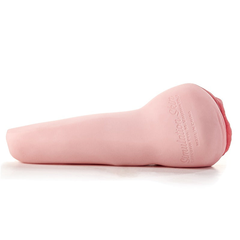 Pink realistic male masturbator with soft silicone texture and detailed vaginal opening, labeled Simulation Skin