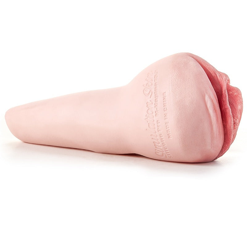 Realistic pink silicone male masturbator with textured inner lining and embossed branding