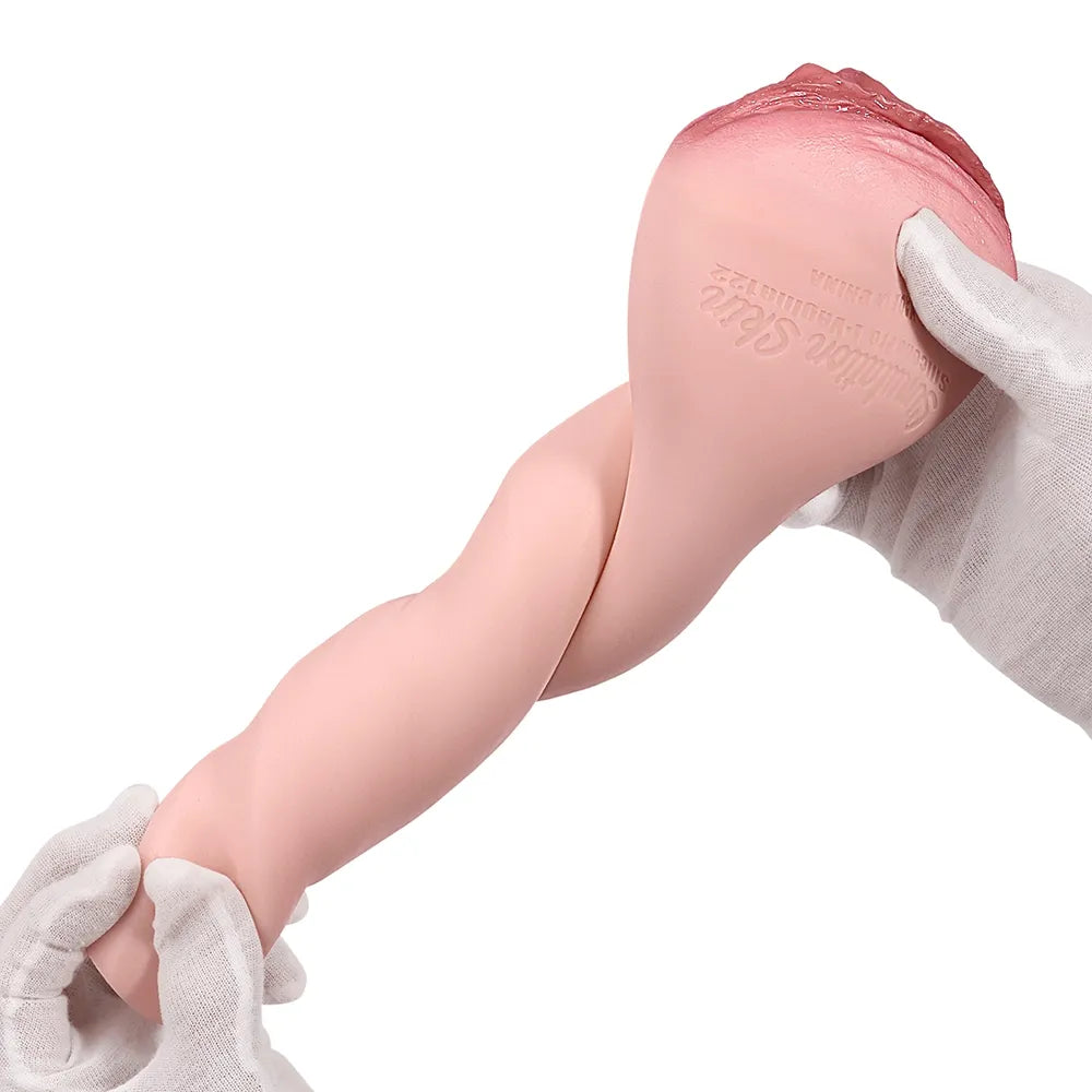 Realistic flesh-toned male masturbator with textured vaginal opening and soft silicone material, held by gloved hands