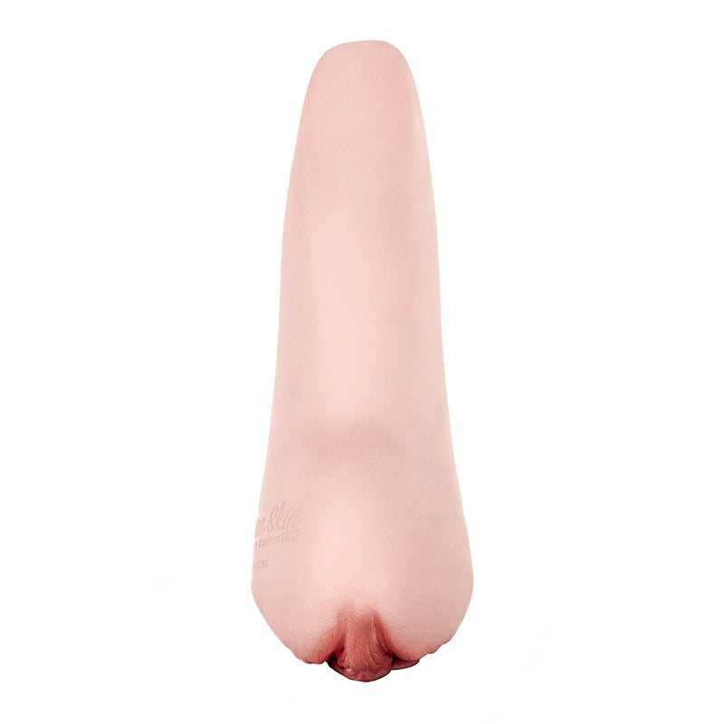 Realistic pink silicone male masturbator with detailed vulva texture and soft skin-like finish